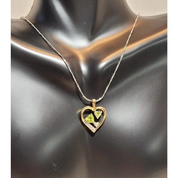 Hearts in Heart Diamond & Green Peridot Gold Vermeil 17" Necklace 925 Danecraft - Picture 1 of 8